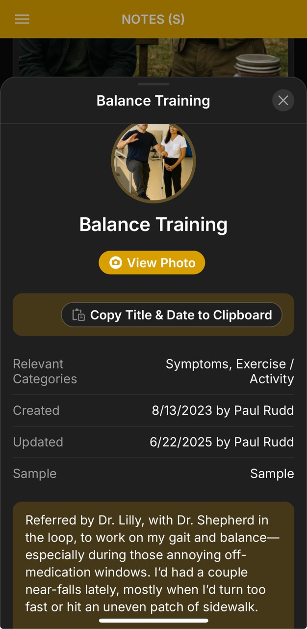 Notes Detail Page (Balance Training)